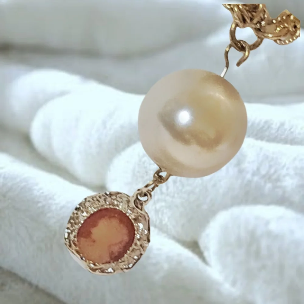 Gold Tone Multilayer Necklace with Faux Pearl and Small Cameo